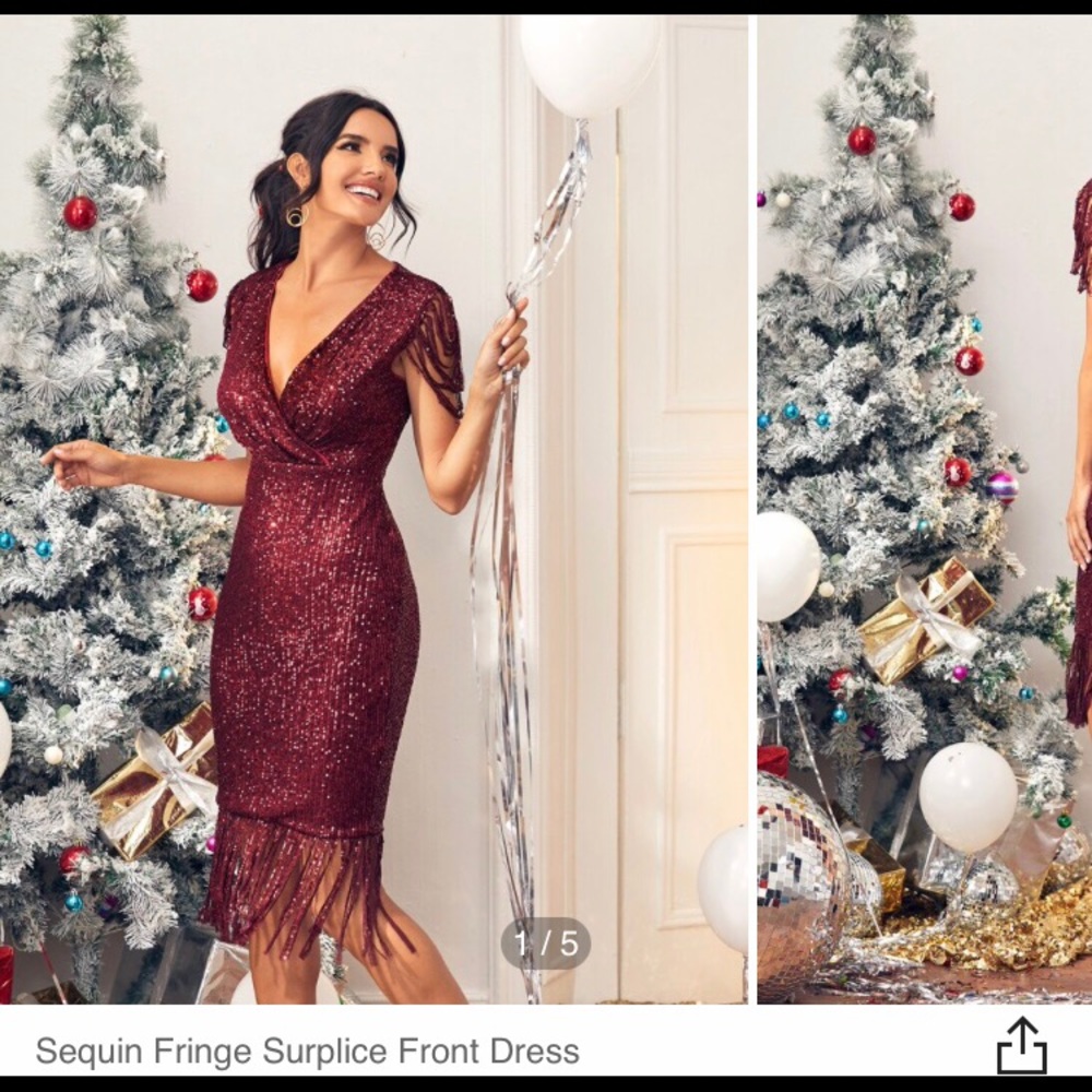SHEIN RED SEQUIN FRINGE SURPLICE FRONT DRESS!